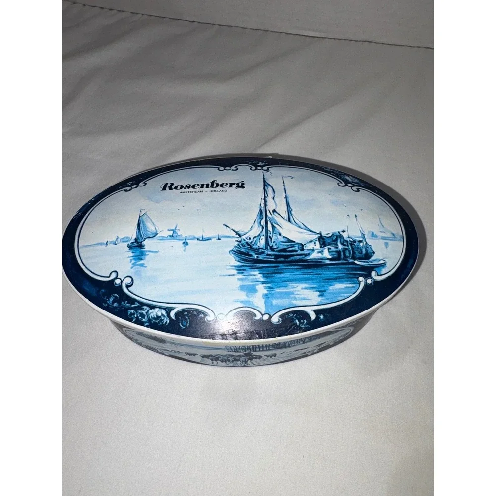 Rosenberg Amsterdam Holland Delft Blue Style Oval Metal Tin Nautical Decor‎ Vntg